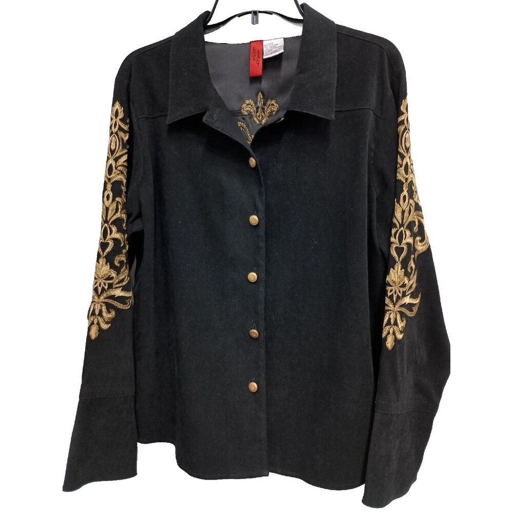 VTG Look East Womens Asian Inspired Jacket Large Black Faux Suede Embroidered